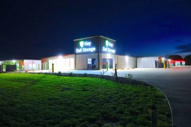 wide angle of the storage facility at night
